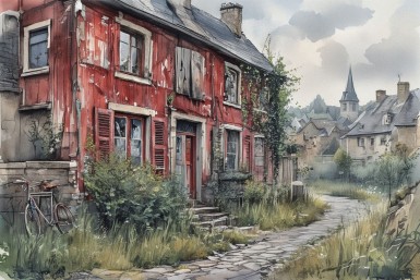 An abandoned, red house in a town in France.