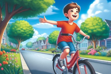 A boy riding a bicycle along a quiet street