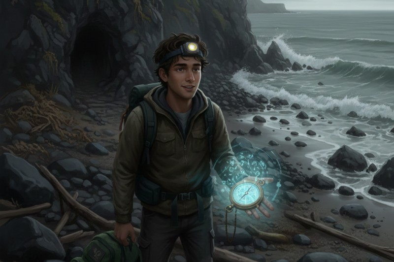 Mateo exits the cave with a compass in his hand.