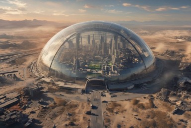 A domed city in the middle of a wasteland