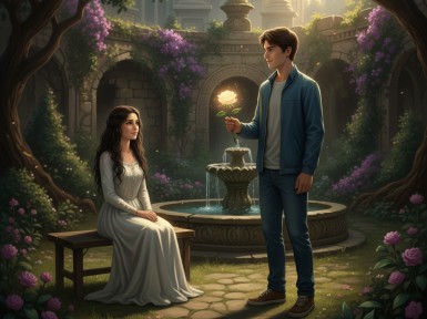 A secret garden with a lady sitting on a bench and a young man holding a white rose