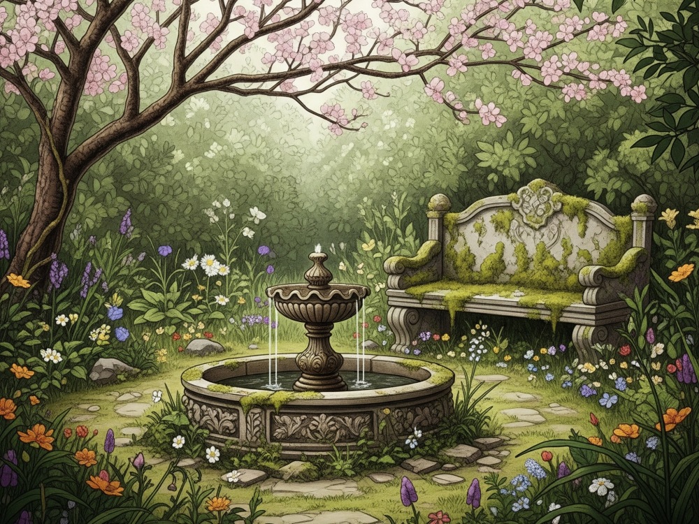 A moss-covered bench and a fountain in an overgrown garden