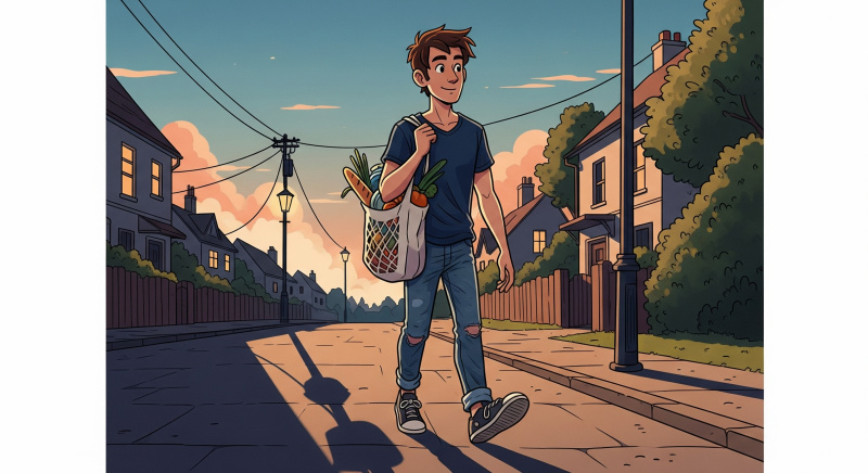 A young man is walking down the street with a bag of groceries