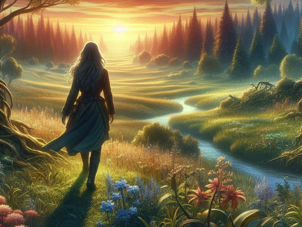 A lady is at the edge of a long narrow meadow surrounded by forest