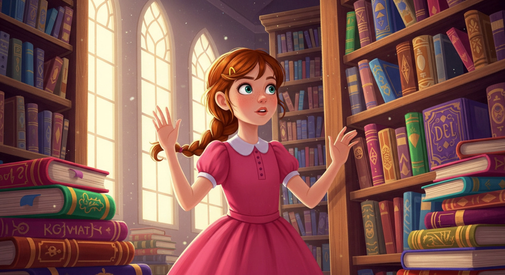 A girl wearing a pink dress in a library