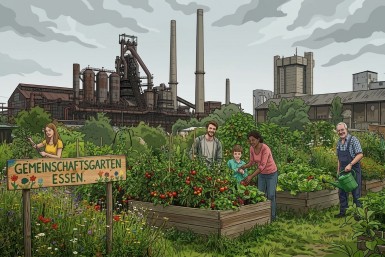 A community garden in an abandoned lot in an industrial area.