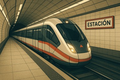 A subway pulls into the station.