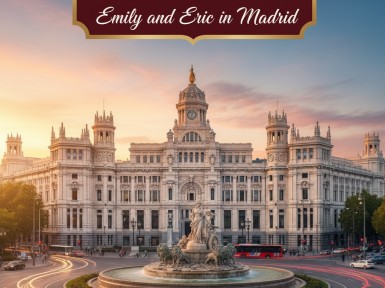 An illustration of Madrid with the title Emily and Eric in Madrid