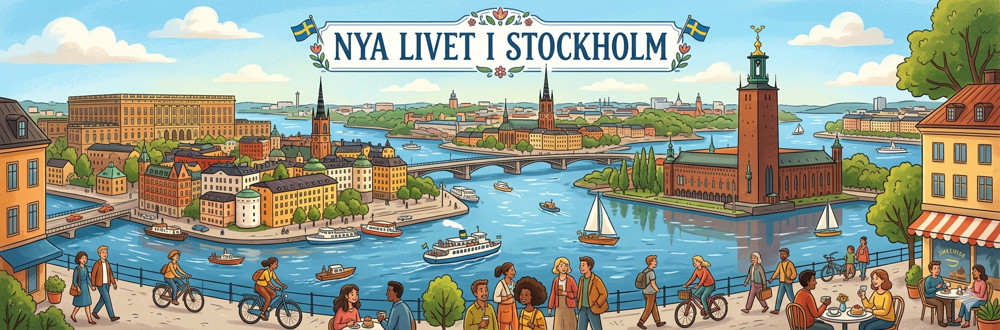 A vibrant, panoramic illustration of the Stockholm skyline featuring the City Hall and Gamla Stan waterfront. Diverse people are shown walking, cycling, and sitting at cafes along the water. A decorative banner at the top center reads 'NYA LIVET I STOCKHOLM'.